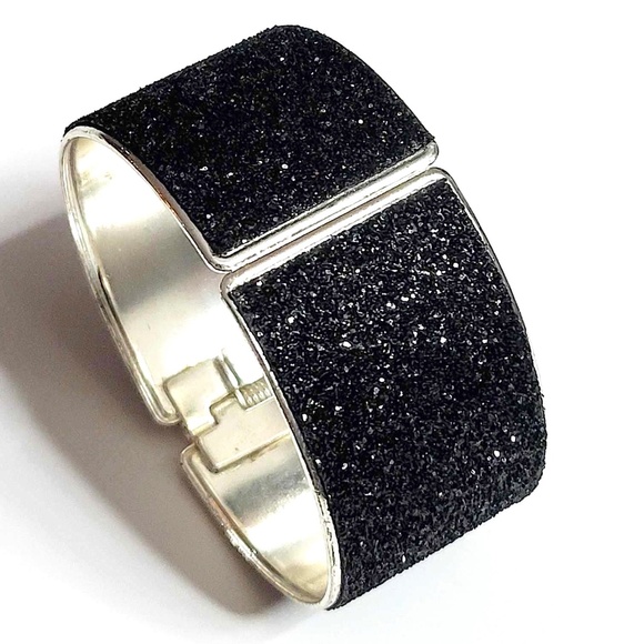 Silver Plated Jet Black Sparkle Spring Open Cuff Bracelet - Picture 5 of 10
